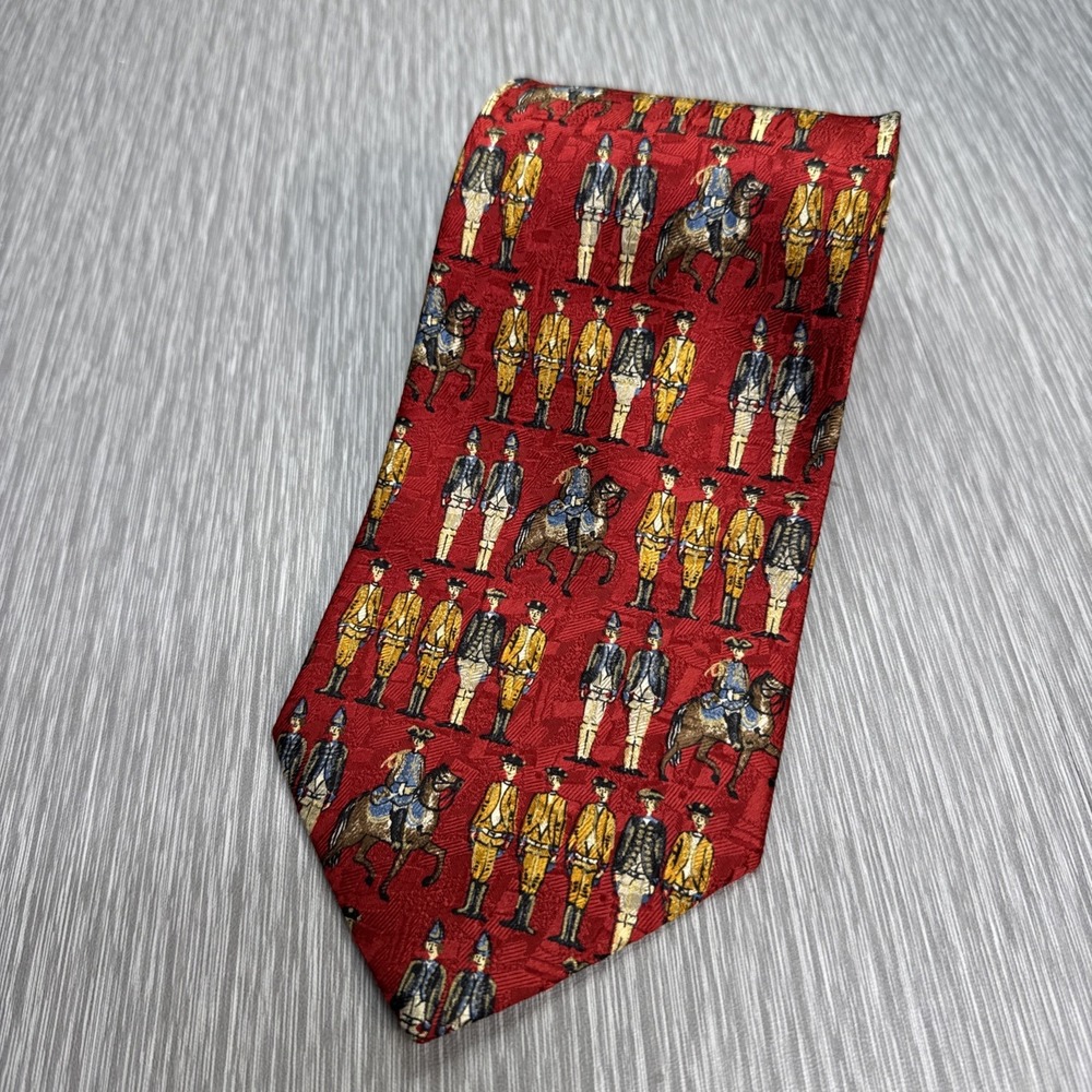 Ermenegildo Zegna Red Silk Tie Equestrian Horse Guards Print Statement Accessory